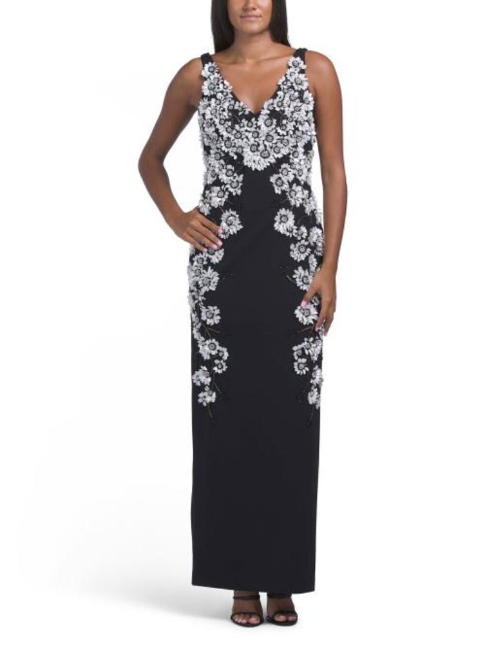 AIDAN MATTOX Sleeveless Beaded Crepe V-neck Long Dress